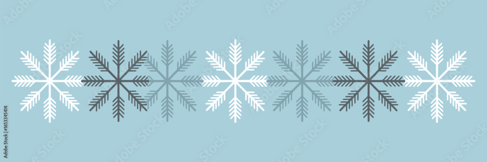Poster a horizontal pattern of white gray and blue snowflakes on a light blue background in a repeating seq