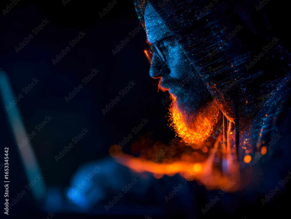 Poster focused hacker with digital data visualization effects in a dark setting