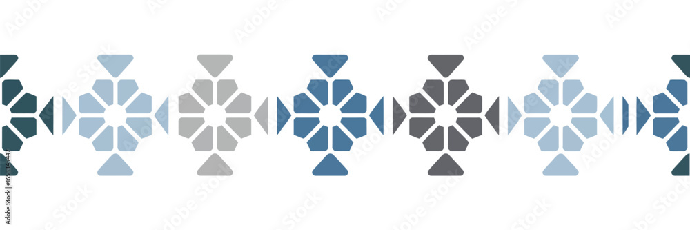 Poster repeating pattern of geometric shapes in shades of blue and gray on a white background in a horizont