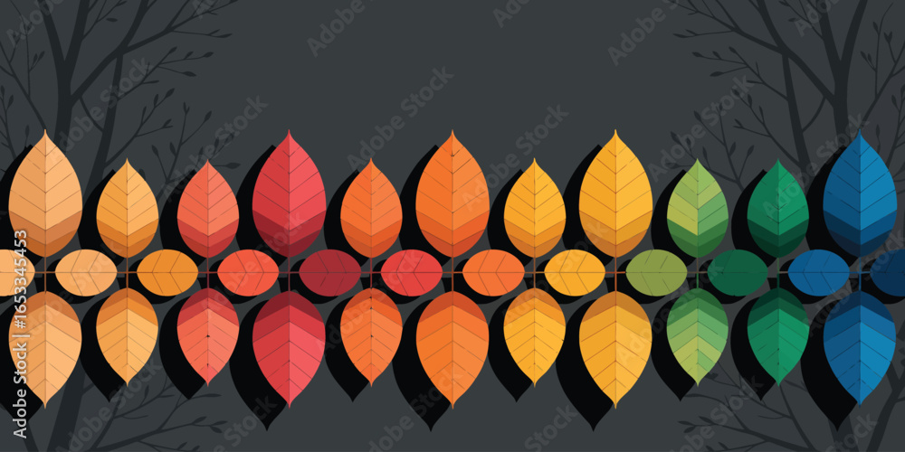 Poster a vibrant array of colorful leaves arranged in a row with tree silhouettes on a dark gray background