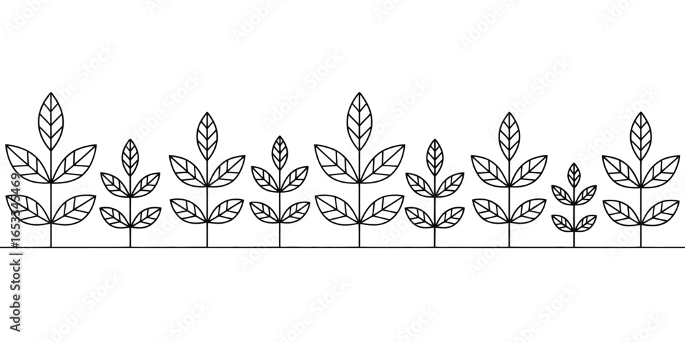 Poster a repeating pattern of simple black line art leaves and stems arranged along a horizontal line desig
