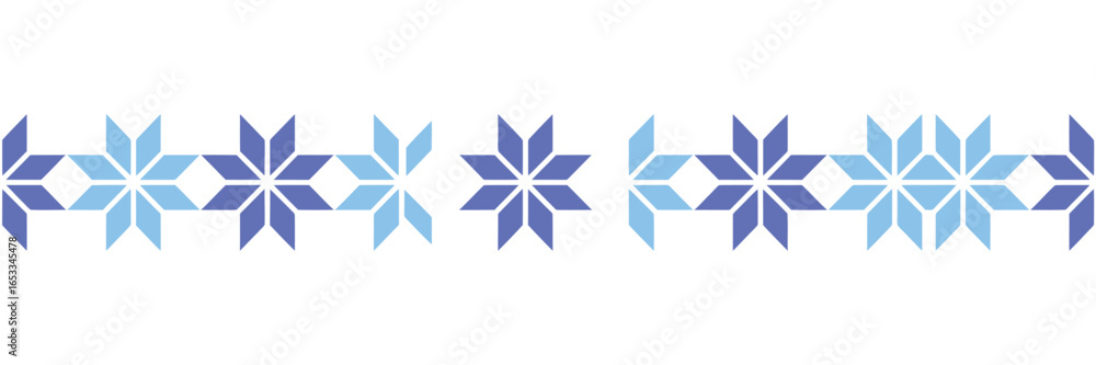 Poster a repeating pattern of blue and light blue geometric star shapes on a white background creating a bo