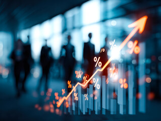 Business professionals analyzing growth trends and rising percentages in a modern corporate environment