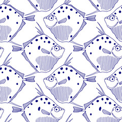 Vector seamless pattern hand drawn illustration of funny fish made in graphic cartoon style. Ink drawing, beautiful design elements. Perfect print for any business related to the fish industry.