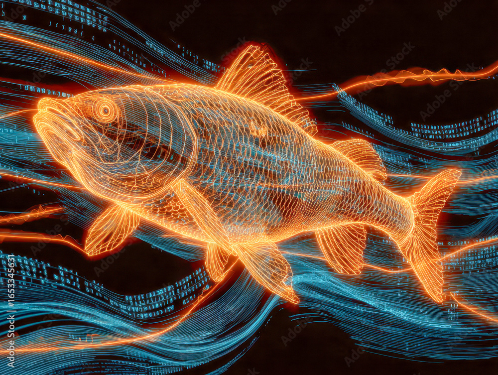 Poster digital holographic fish with vibrant glowing effects and dynamic data streams