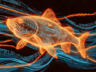 Digital holographic fish with vibrant glowing effects and dynamic data streams