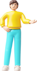 Brunette man standing in presenting pose, explaining, showing, pointing hand, 3D cartoon vector smiling guy character