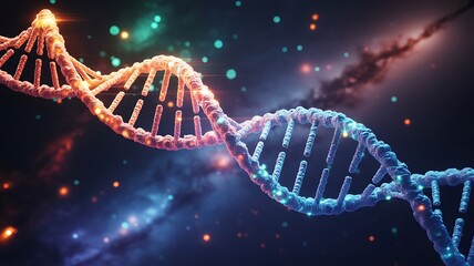 Abstract representation of two intertwined dna strands glowing with vibrant colors against a cosmic background