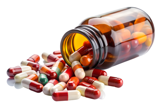Amber glass bottle tipped over with colorful medicine capsules spilled out, isolated on transparent background