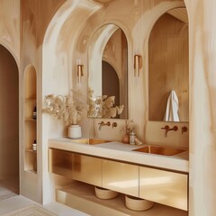 Contemporary Bathroom Gold Lined Vanity Arched Doorway Dreamy Earthy Palette Wood