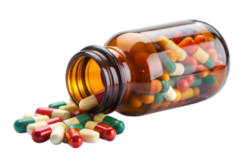 Amber medicine bottle with colorful capsules spilling out onto a white surface, isolated on transparent background