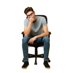 Young man wearing glasses and casual clothing sitting on a chair looking thoughtful isolated on transparent background