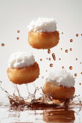 kanom krok bite flying with coconut cream drizzle, isolated on white background