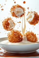 kanom krok bite flying with coconut cream drizzle, isolated on white background