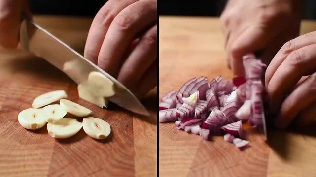 Chopping garlic and red onion on a wooden cutting board