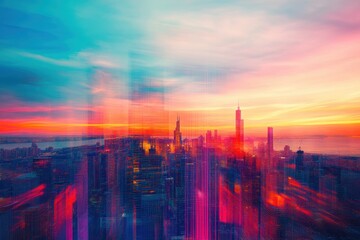 Fototapeta premium Vibrant cityscape at sunset with colorful sky