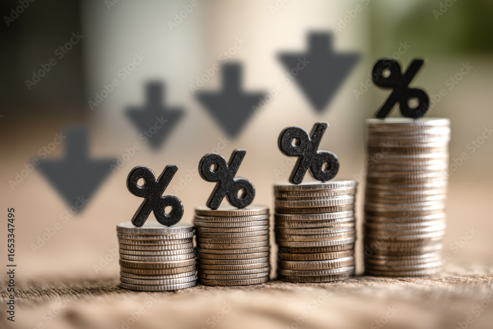 Poster increasing percentages represented by coin stacks with declining trend arrows