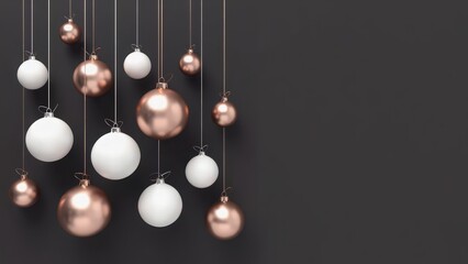 Black background with gold and white Christmas ornaments hanging from the ceiling. The gold ornaments are larger than the white ones