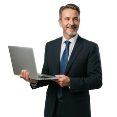 Smiling businessman in a formal suit holding a modern laptop computer with a confident expression isolated on transparent background