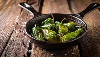 delicious spanish padron peppers seasoned with salt and olive oil sizzling in a frying pan placed on a rustic wooden table highlighting the vibrant flavors of spanish padron peppers