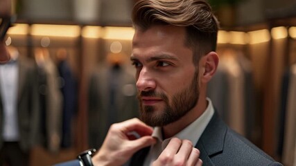 A client listens carefully to a professional stylist in a high-end suit shop. The scene highlights bespoke service, attention to detail, and the luxury shopping experience for men.