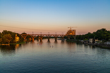 Beautiful sunset over the river Dnieper. Dnipro, Ukraine