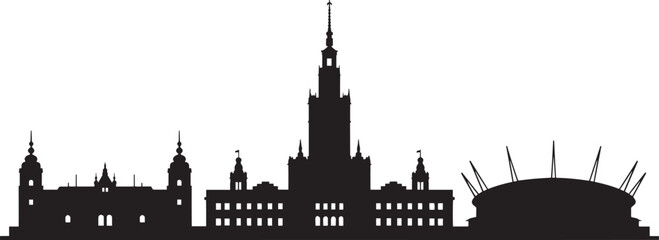 Naklejka premium Warsaw Skyline Silhouette Vector Illustration with Palace of Culture on Transparent Field