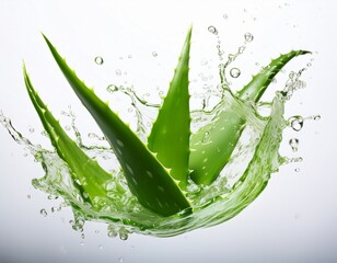 natural green aloe vera leaf splash isolated on white or