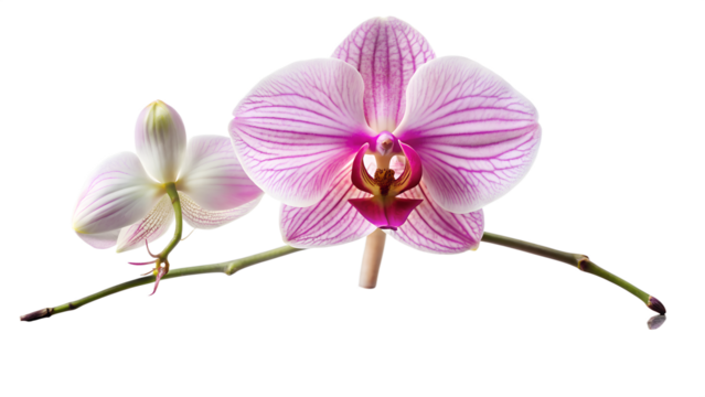 Two pink and purple striped orchids on a branch, isolated on a transparent background - Powered by Adobe