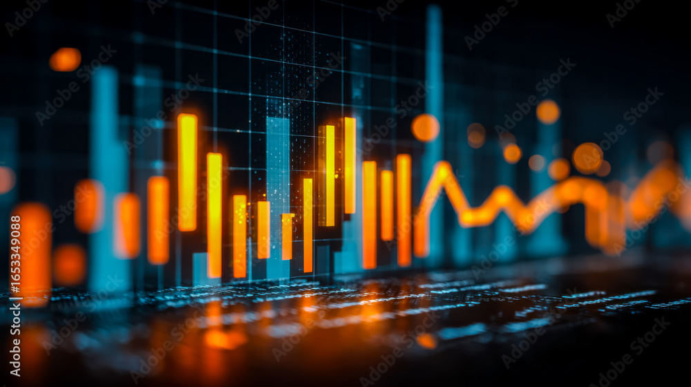 Aufkleber digital financial data visualization with glowing chart lines and bars
