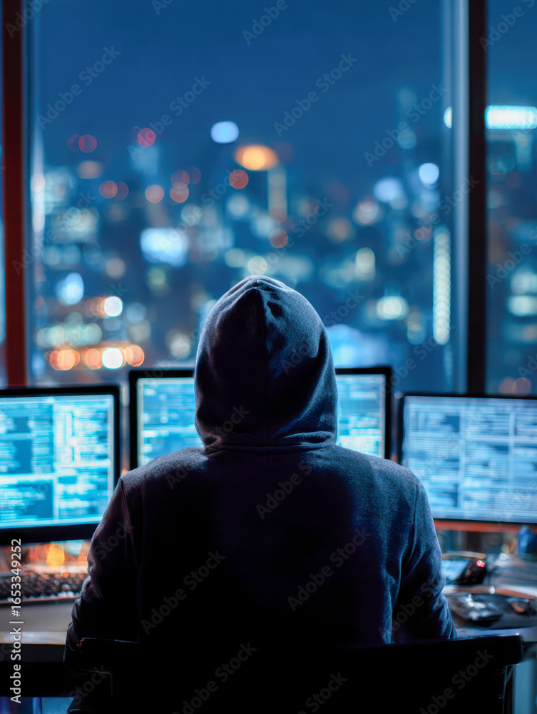 Poster hacker working on multiple computers in a city at night