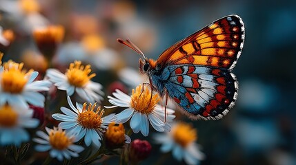 Obraz premium A macro of a butterfly on a bloom surrounded by various foreground blossoms and an out-of-focus background
