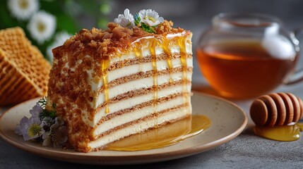 Layered honey cake (Medovik) with custard filling, golden sponge layers, soft creamy texture, drizzle of honey, very detailed delicious piece of cake. next to it there is a juicy bee's grid