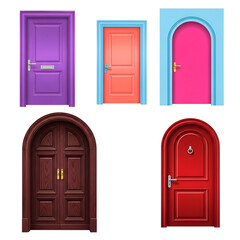 Collection of Five Distinctly Colored and Styled Doors entrance entryway PNG file isolated on transparent background cut out, clipping path, social media.  

