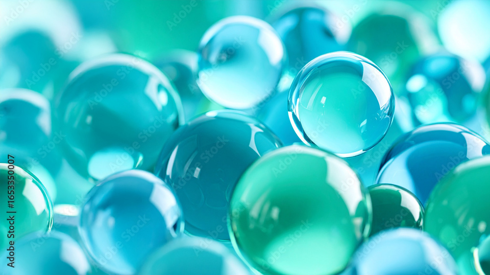 Poster a calming and abstract macro shot of numerous transparent spheres in various shades of blue and gree