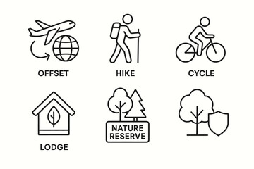 Eco adventure icons: travel, hiking, cycling, accommodation, nature, conservation