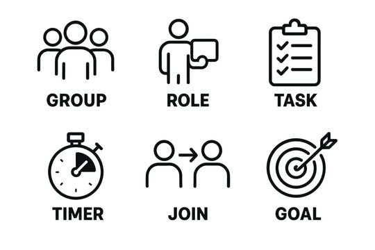 Icon set illustrating team roles and responsibilities with task management elements