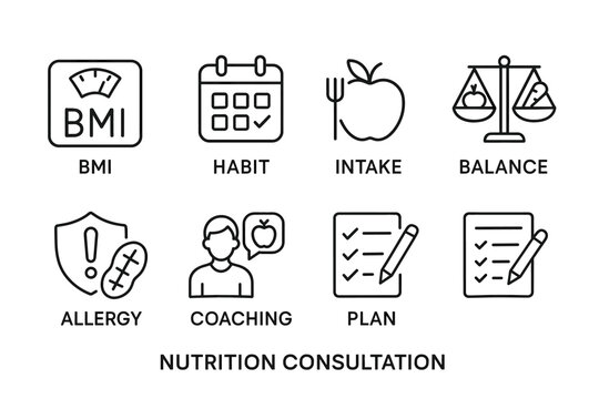 Nutrition consultation icons: bmi, habit, intake, balance, allergy, coaching, plan