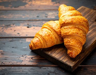 Two golden croissants on a wooden board