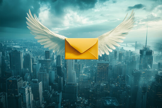Yellow Envelope with White Wings Flying Over Cityscape – Fast Delivery and Communication Concept