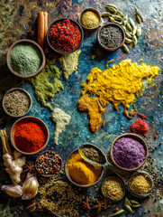 Assorted spices arranged on a world map for culinary inspiration