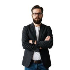 Fototapeta premium Professional bearded man wearing glasses and a blazer with arms crossed confidently isolated on transparent background