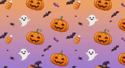 Pastel Halloween pattern with smiling pumpkins, spider webs, candy corn and happy ghosts