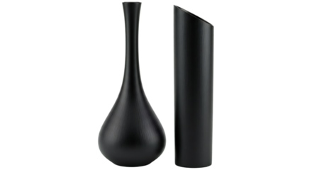 Two matte black ceramic vases with distinct modern shapes isolated on transparent background