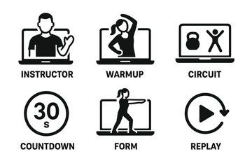 Online fitness icons: instructor, warmup, circuit, countdown, form, replay