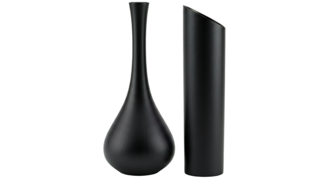 Two matte black ceramic vases with distinct modern shapes isolated on transparent background