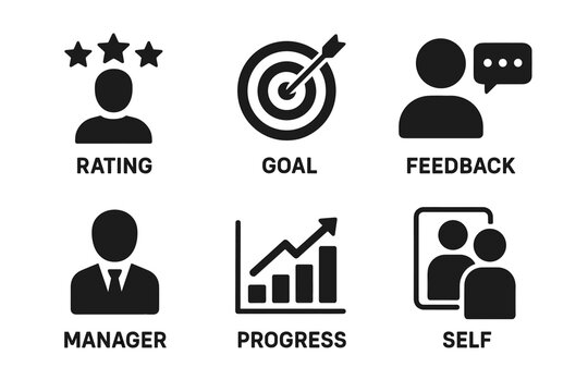 Icons representing rating, goal setting, feedback, management, progress, and self-assessment