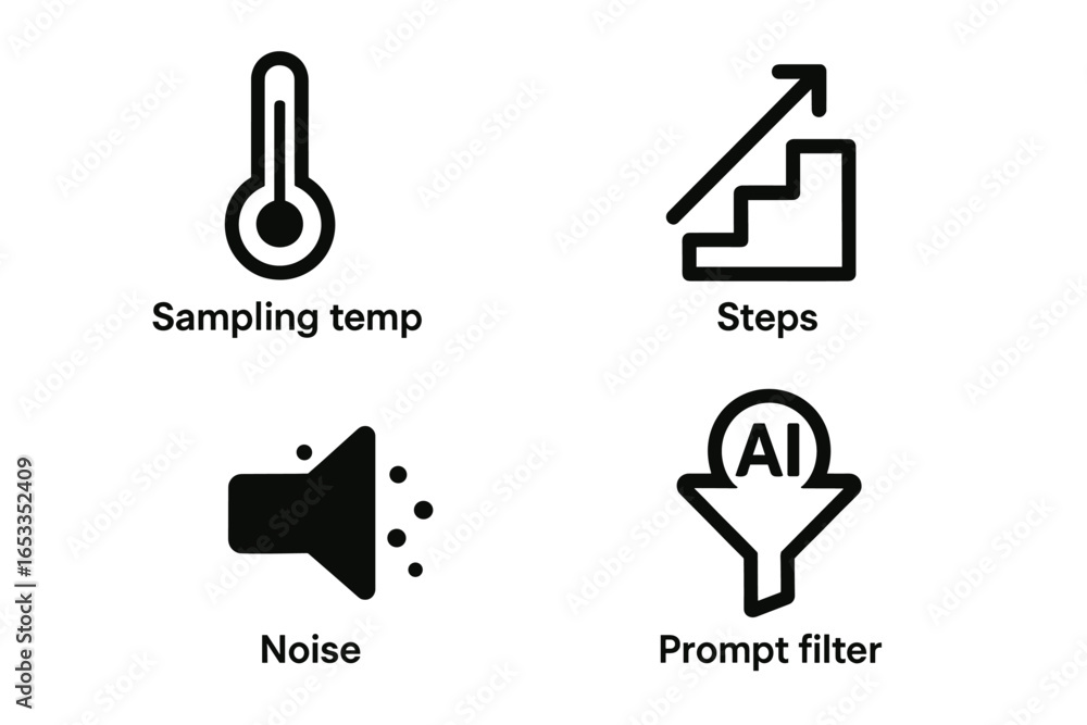 Poster ai settings icons: sampling temp, steps, noise, and prompt filter symbols