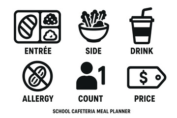 School cafeteria meal icons: entrée, side, drink, allergy, count, price