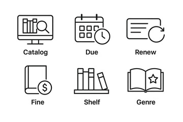 Library icon set: catalog, due, renew, fine, shelf, genre